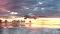 Night flight. Passenger aircraft over the sea at dusk. 3d rendering