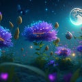 Night flora, night flowers and plants against the moon