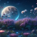 Night flora, night flowers and plants against the moon