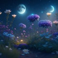 Night flora, night flowers and plants against the moon