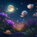 Night flora, night flowers and plants against the moon