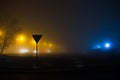 Night foggy landscape. Yellow lights along the road contrasts with cold street lighting nearby