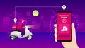 Night food delivery service by scooter with courier. Hand holding mobile application tracking a delivery man on a moped.