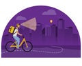 Night food delivery vector illustration. Courier man on bicycle with flashlight and yellow parcel box on the back.
