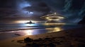 a disk-shaped alien spacecraft lands on the ocean coast, above the water surface.