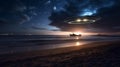 a disk-shaped alien spacecraft lands on the ocean coast, above the water surface.