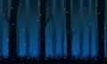 Night forest background with fireflies of dimly lit