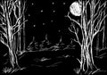 Night in the forest with bare trees with the moon in the sky Royalty Free Stock Photo