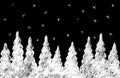 Night forest with crooked Christmas trees with the moon and stars in the sky
