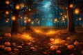 in the night forest, fireflies create a magical glow over pumpkins .Halloween