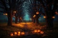 in the night forest, fireflies create a magical glow over pumpkins .Halloween
