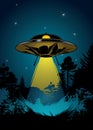 Night forest with flying UFO