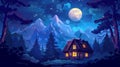 Night forest house with mountain and firefly game background. Spooky and mystic cottage exterior with window above
