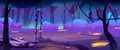 Night forest landscape, cartoon mysterious fantasy