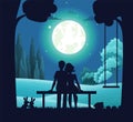 Night date on bench, natural landscape, bright moon shines, forest area, lawn, trees. Flat image