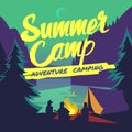 Night forest with moonlight and campfire summer adventure camping vector poster