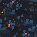 Night in forest, red cabins at woodland. Fire camping. Dark seamless vector pattern for scandi interior, wallpaper