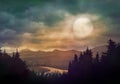 Night forest scary landscape with trees and full moon Royalty Free Stock Photo