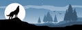 night forest with wolf and moon banner, vector background, digital landscape Royalty Free Stock Photo