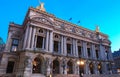 Night front view of the Opera National de Paris. Grand Opera is famous neo-baroque building in Paris. Royalty Free Stock Photo