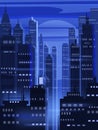 Night futuristic city background, bright lights, panorama, modern buildings, midnight. Vector illustration poster cover Royalty Free Stock Photo