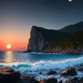 Night futuristic seascape. Reflection of the moon on sea water. Large stones, rocks on the shore, trees. Rays of