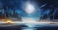 Night futuristic seascape. Reflection of the moon on sea water. Royalty Free Stock Photo