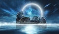 Night futuristic seascape. Reflection of the moon on sea water. Royalty Free Stock Photo