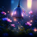 Night garden with street lamp and flowers. 3d render illustration. generative AI Royalty Free Stock Photo