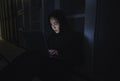 Night, hacker and programming with woman and laptop for coding, software and cyber security. Ransomware, phishing and Royalty Free Stock Photo