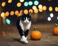 an interested black and white cat with beautiful green eyes runs on a pumpkin against the background of evening bokeh lights