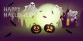 Night Halloween background or banner with description Happy Halloween, pumpkins in meadow Royalty Free Stock Photo