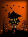 Night halloween landscape with house, trees, pumplins, graveyard, black cat and flying bats. Black, orange and yellow Royalty Free Stock Photo