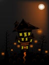 Night halloween landscape with house, trees, pumplins, graveyard, black cat and full moon. Black, orange and yellow Royalty Free Stock Photo