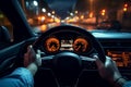 Night hands steering wheel drive. Generate Ai