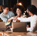 Night, handshake and business people in discussion in office with partnership, deal or collaboration. Laptop, team and Royalty Free Stock Photo