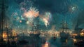 Night Harbor with Fireworks Illustration Royalty Free Stock Photo
