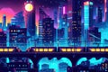 Night highway. Neon Glow City. Business town illustration. Trains rides on bridges Royalty Free Stock Photo