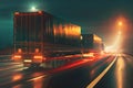 Night highway trucks, motion blur light trails. Logistic timelapse abstract glowing lines Royalty Free Stock Photo