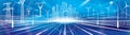 Night highway. Neon glow modern city illustration. High voltage transmission systems. Network of interconnected electrical. Mounra Royalty Free Stock Photo