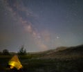 Touristic tent under a starry sky with milky way