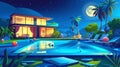 At night, a house and swimming pool are illuminated with deck chairs and balls in the water. Modern cartoon summer Royalty Free Stock Photo