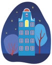 Night house with windows and trees in amsterdam or europe, flat vector stock illustration with old cityscape as a card or postcard Royalty Free Stock Photo