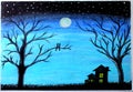 Night hunted house scenery drawing