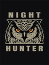 Night hunter, owl head T-shirt print design on a dark background. Vector illustration.