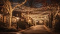 Night illuminated architecture, tree lighting equipment, dark street light decoration generated by AI Royalty Free Stock Photo