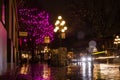 Night illuminated city light after rain. Downtown old city street buildings Royalty Free Stock Photo