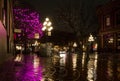 Night illuminated city light after rain. Downtown old city street buildings Royalty Free Stock Photo