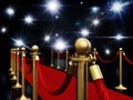 Night illuminated with flashlights, red carpet and velvet ropes 3D illustration Royalty Free Stock Photo