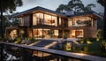 Night illuminates modern luxury architecture, dusk reveals elegant residential district generated by AI